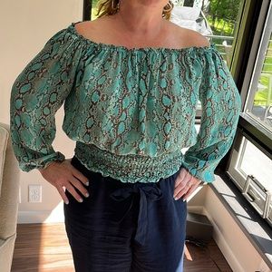 Michael Kors turquoise snakeskin print long sleeve blouse.